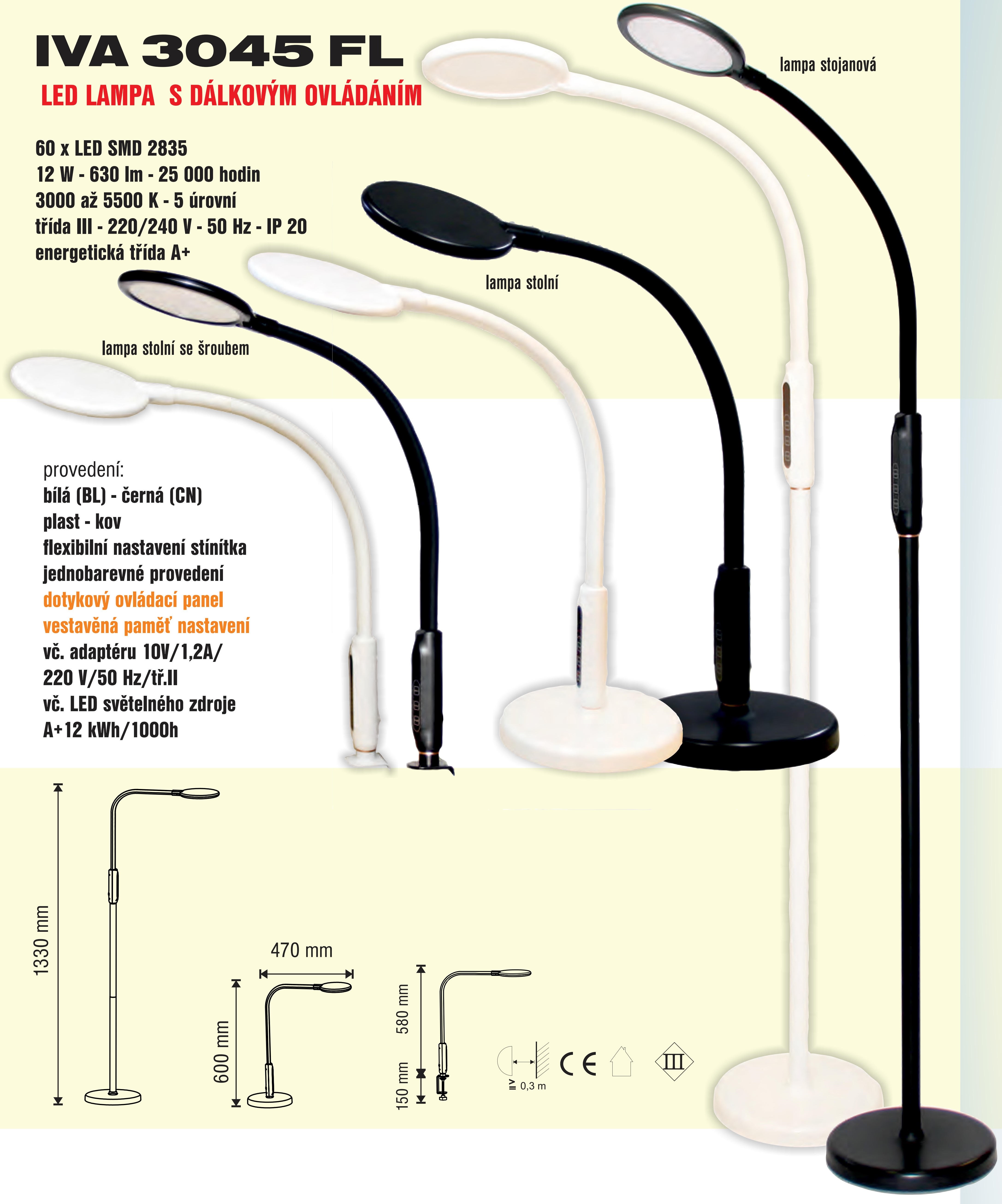 LED  3 v 1 lampa stojacia/ stolná/ stolná so skrutkou Biela